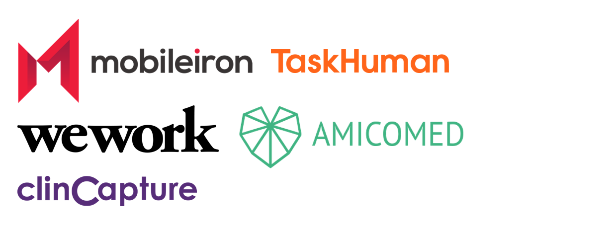 A group of logos, including mobileiron, taskhuman, webwork, amiemed, and cliniccapture from the San Francisco Bay Area.