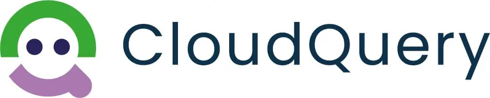 The cloudquery logo with a green and purple face.