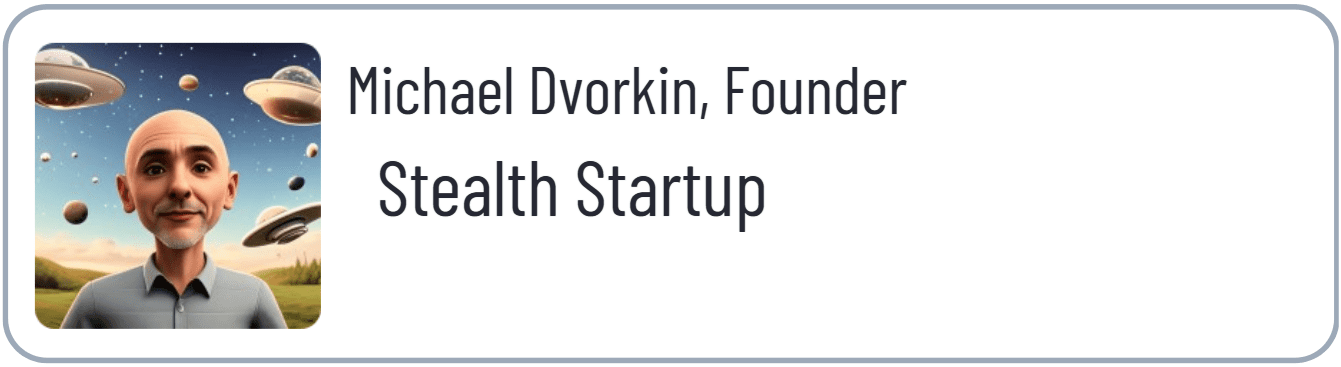 Man with UFOs and startup text.